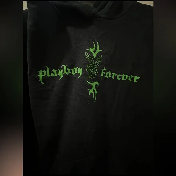 Playboy Black Distressed Hoodie with Green Rhinestone Logo - Picture 3 of 5